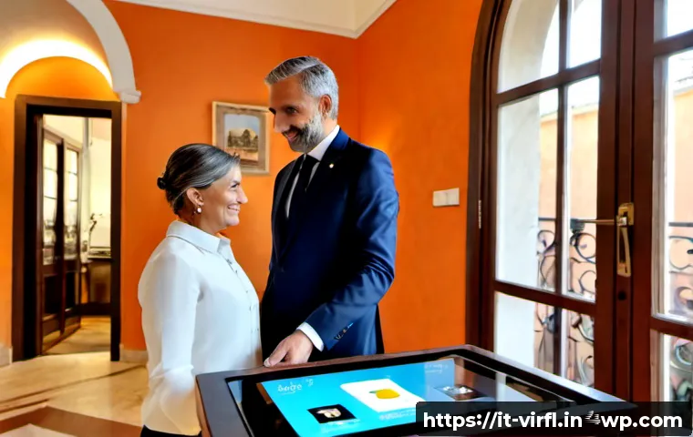 Home 14 가상 정체성과 고객 경험의 연관성 - Photorealistic modern Italian boutique hotel reception in Rome, a welcoming concierge using a sleek ...